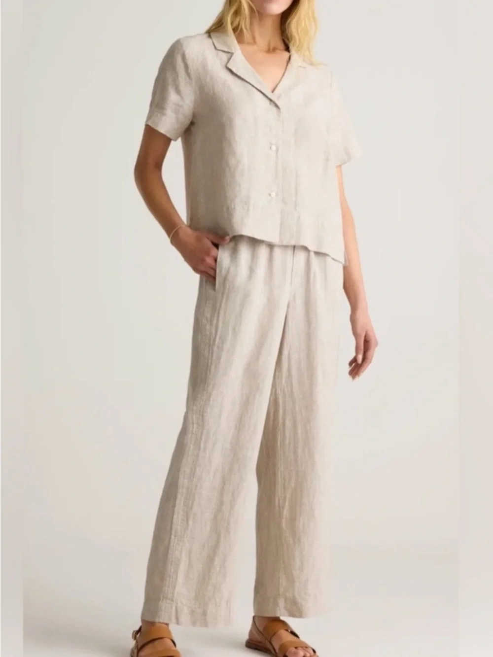 Quince Wide-Leg Linen Drawstring Pants in Natural Beige